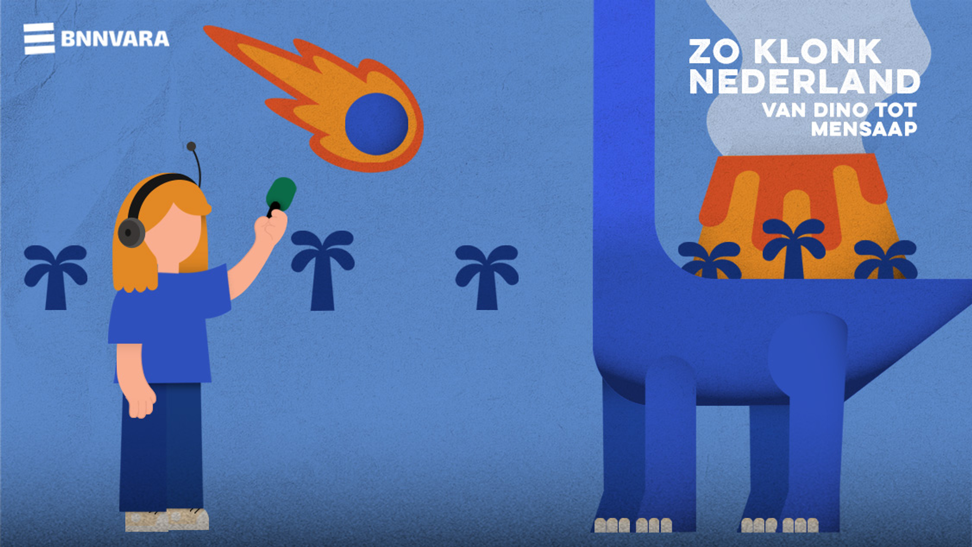 Grafisch plaatje van iemand die microfoon ophoudt naar een dino met een vulkaan en meteoriet in de achtergrond.