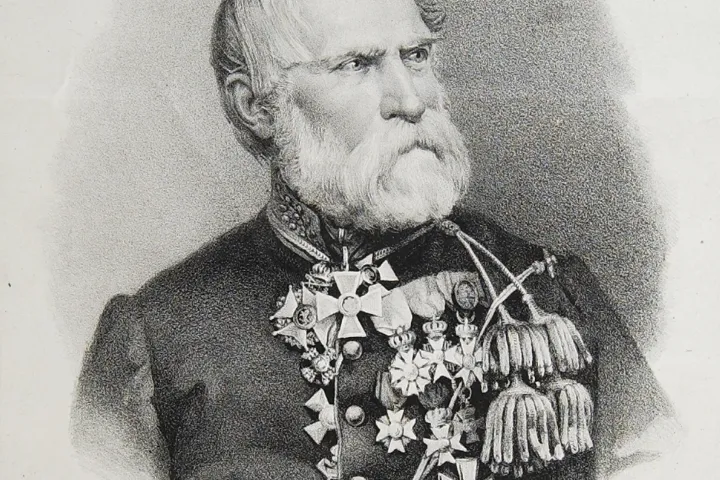 Zwart-witte tekening van een oudere Philipp Franz von Siebold
